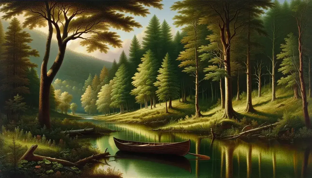 Serene river landscape with lush greenery, a moored rowboat, rolling hills in the background, and a clear blue sky, evoking American Romanticism.