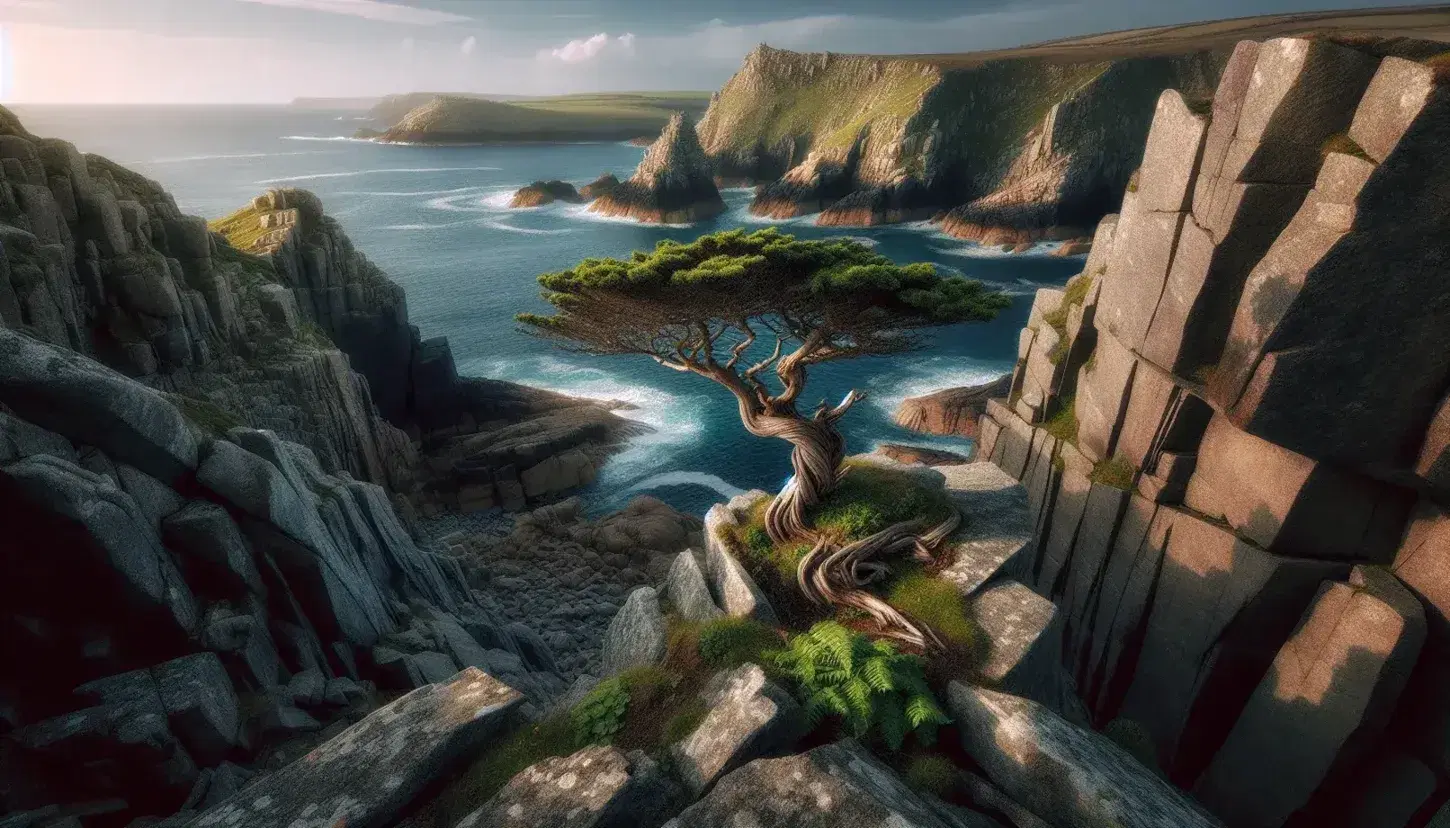 Scogliera rocciosa stratificata con vegetazione erbacea e albero solitario inclinato dal vento marino, mare blu profondo e cielo sereno.