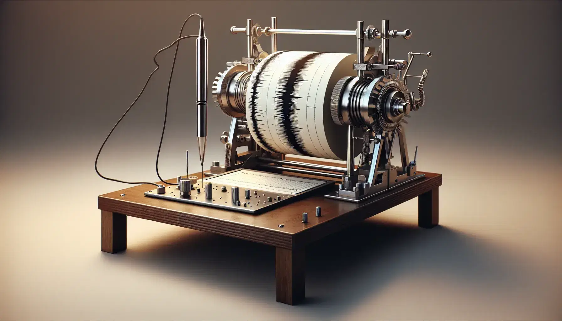 Seismograph machine recording seismic waves with a pen on rolling paper drum, showcasing peaks and troughs on a sturdy table against a neutral background.