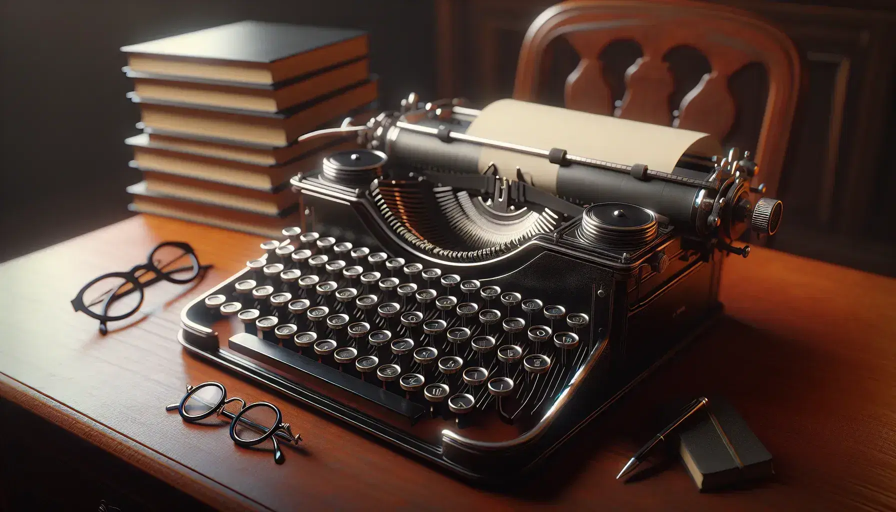 Vintage typewriter with round black keys on a polished mahogany desk beside a stack of books and round-rimmed eyeglasses, in a softly lit study.