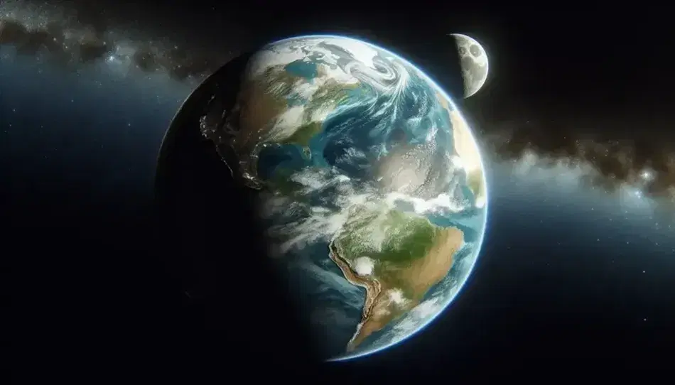 Vista realistica della Terra dallo spazio con oceani, continenti e nuvole, sfondo stellato e porzione di Luna illuminata.