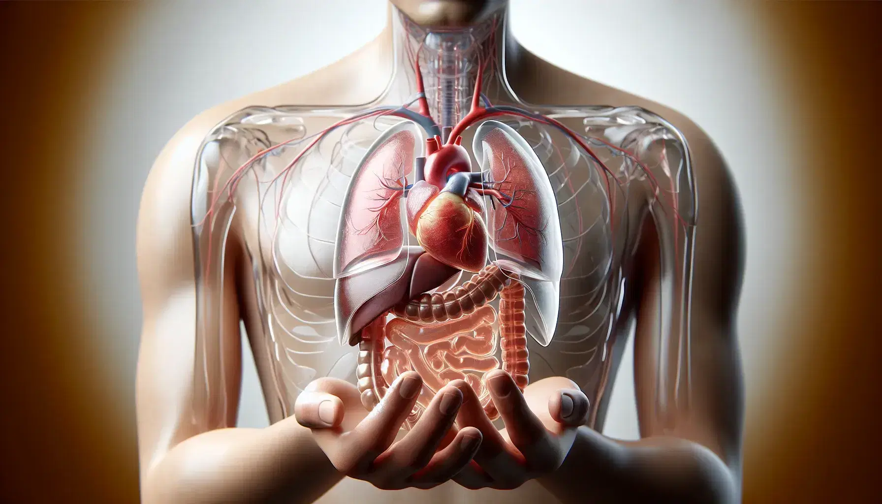 Mano sosteniendo modelo transparente de anatomía humana con órganos internos coloreados y visibles, destacando corazón, pulmones, hígado y riñones en fondo neutro.