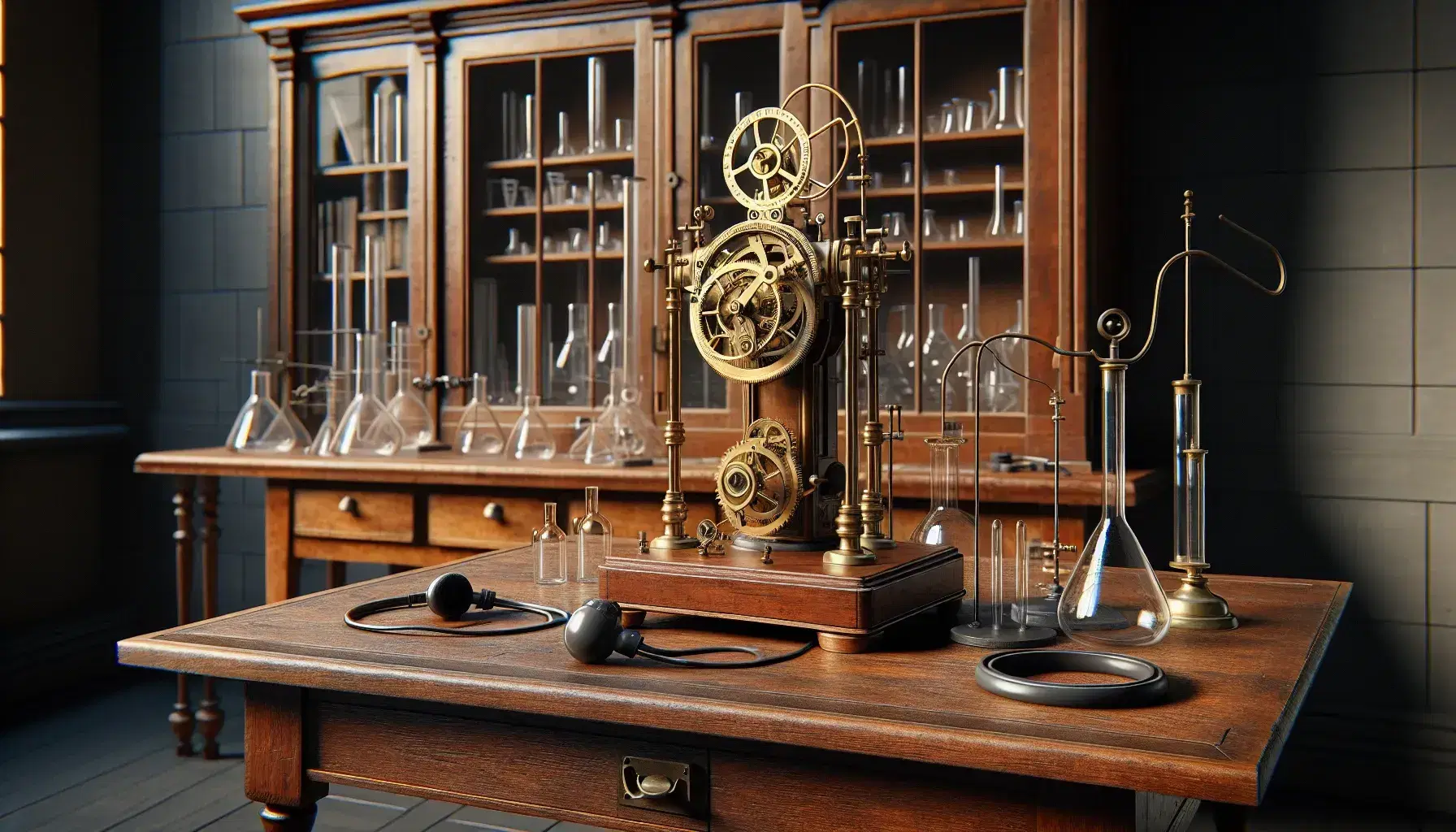 Historic laboratory from the late 19th century with wooden table, brass chronoscope, black headphones, cupboard with beaker and empty blackboard.