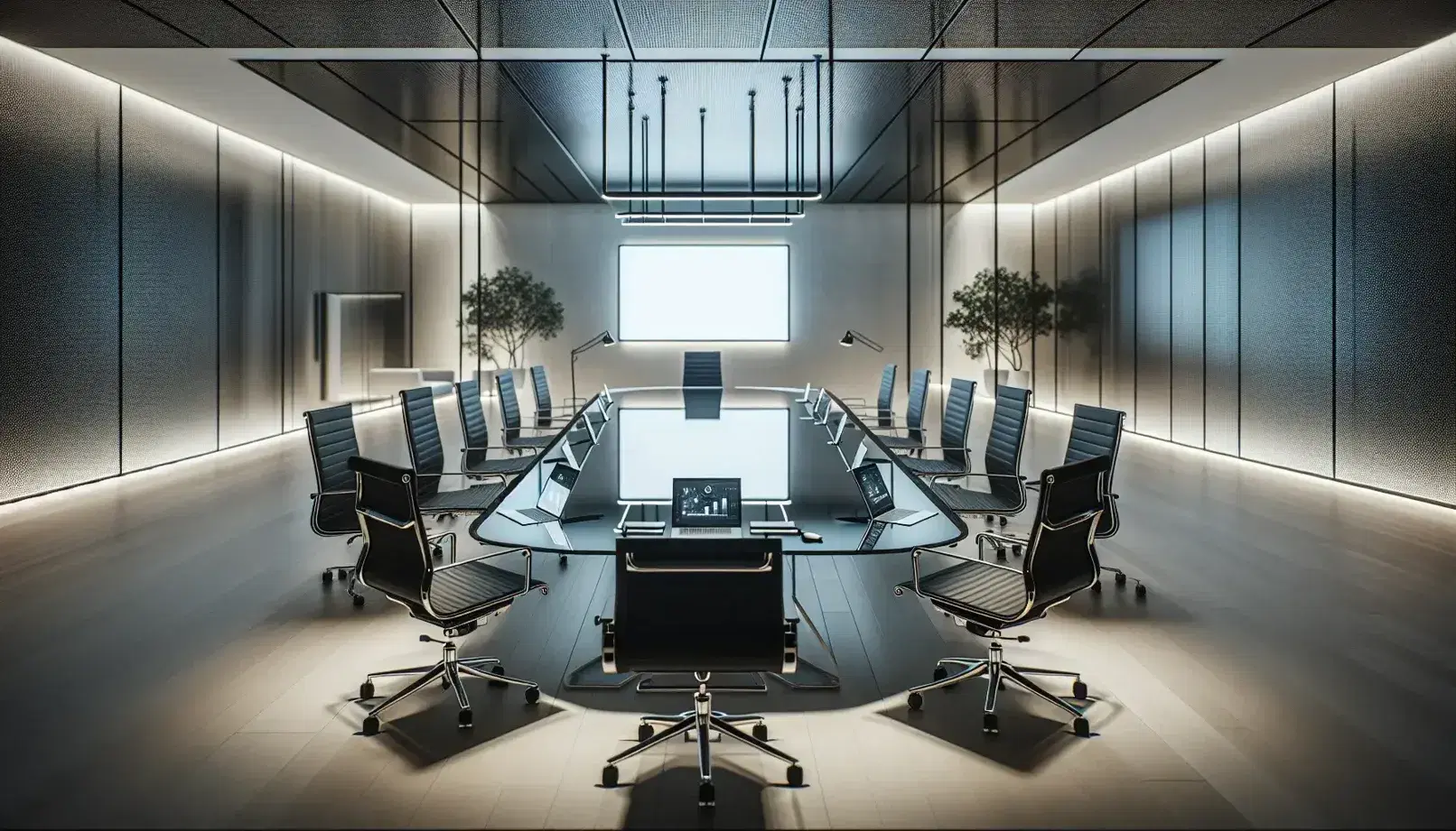 Modern corporate meeting room with oval glass table, ergonomic chairs, laptops, digital tablets, whiteboard, and floor-to-ceiling windows with natural light.