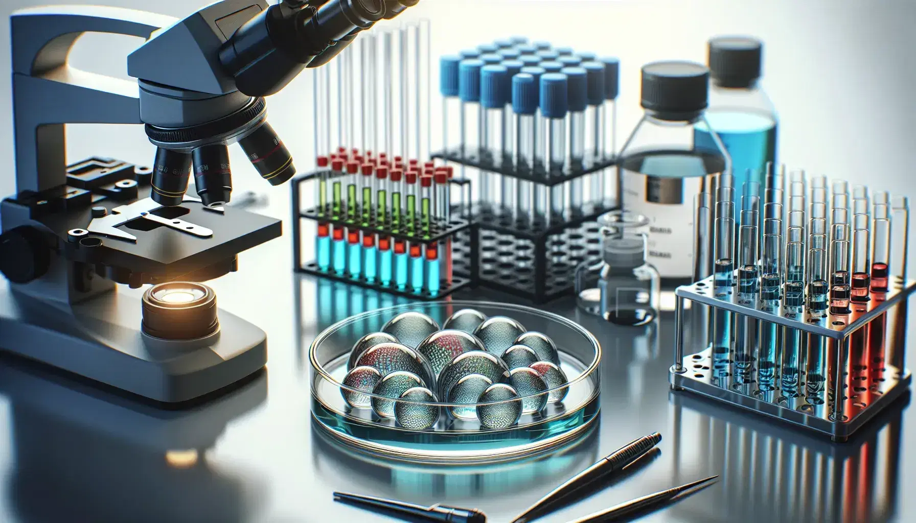 Genetic research laboratory with colored microcentrifuge tubes, petri dish and modern microscope on the background.