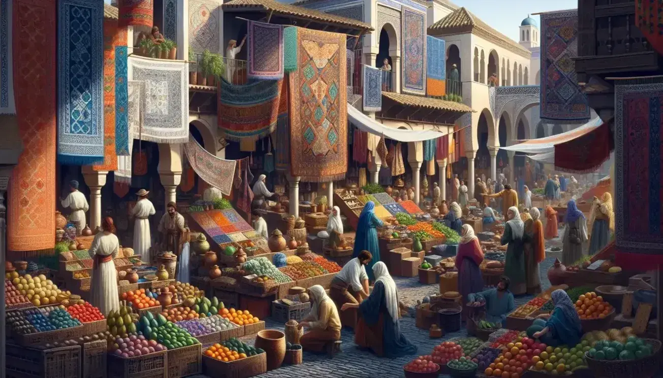Bustling market with colorful textiles, ceramic wares, and fresh produce, set against a backdrop of Moroccan-Spanish architecture under a golden sunset.