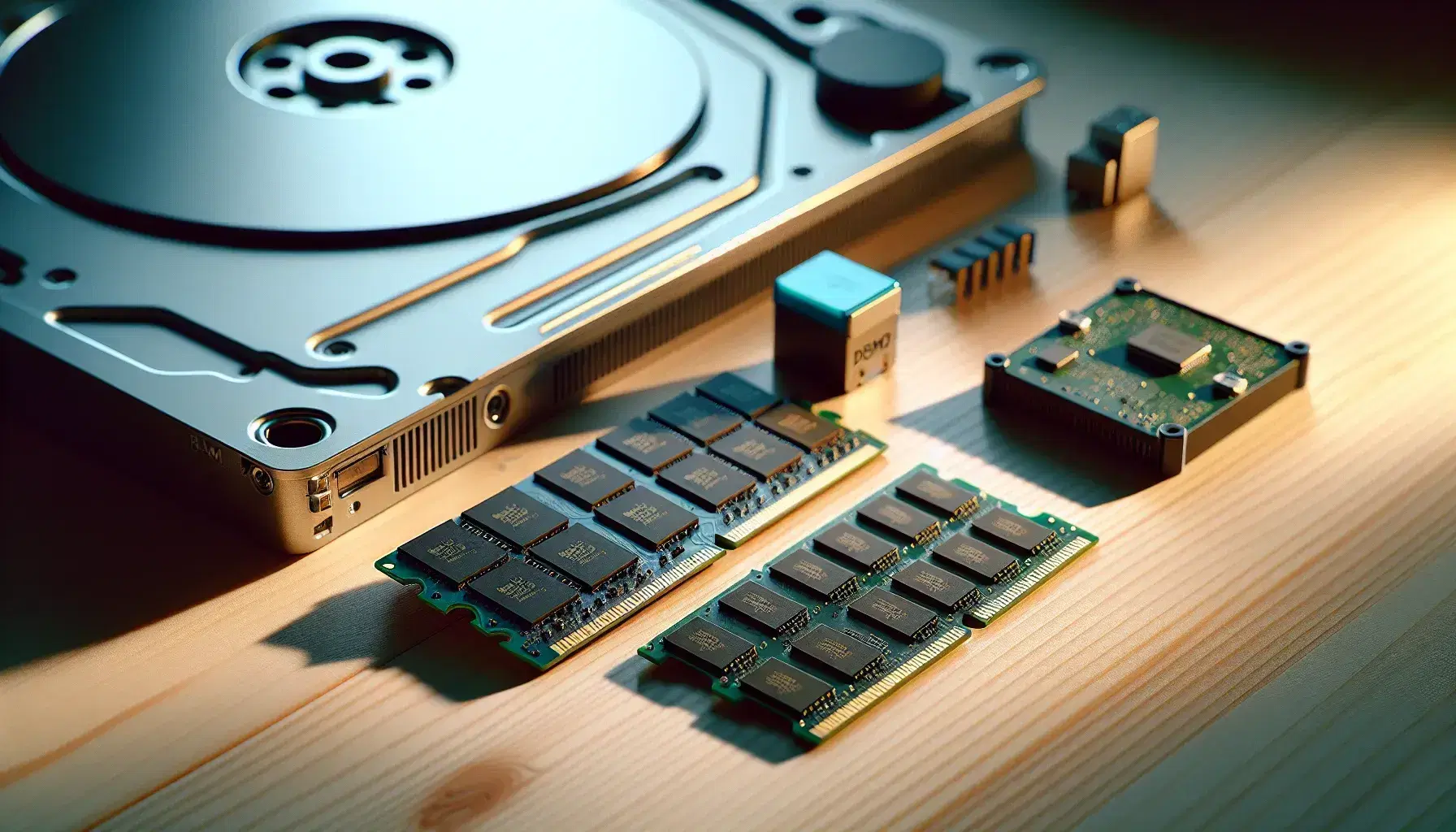 Componenti hardware su tavolo in legno chiaro: modulo RAM, hard disk magnetico, pendrive USB blu e CPU sfocata sullo sfondo.