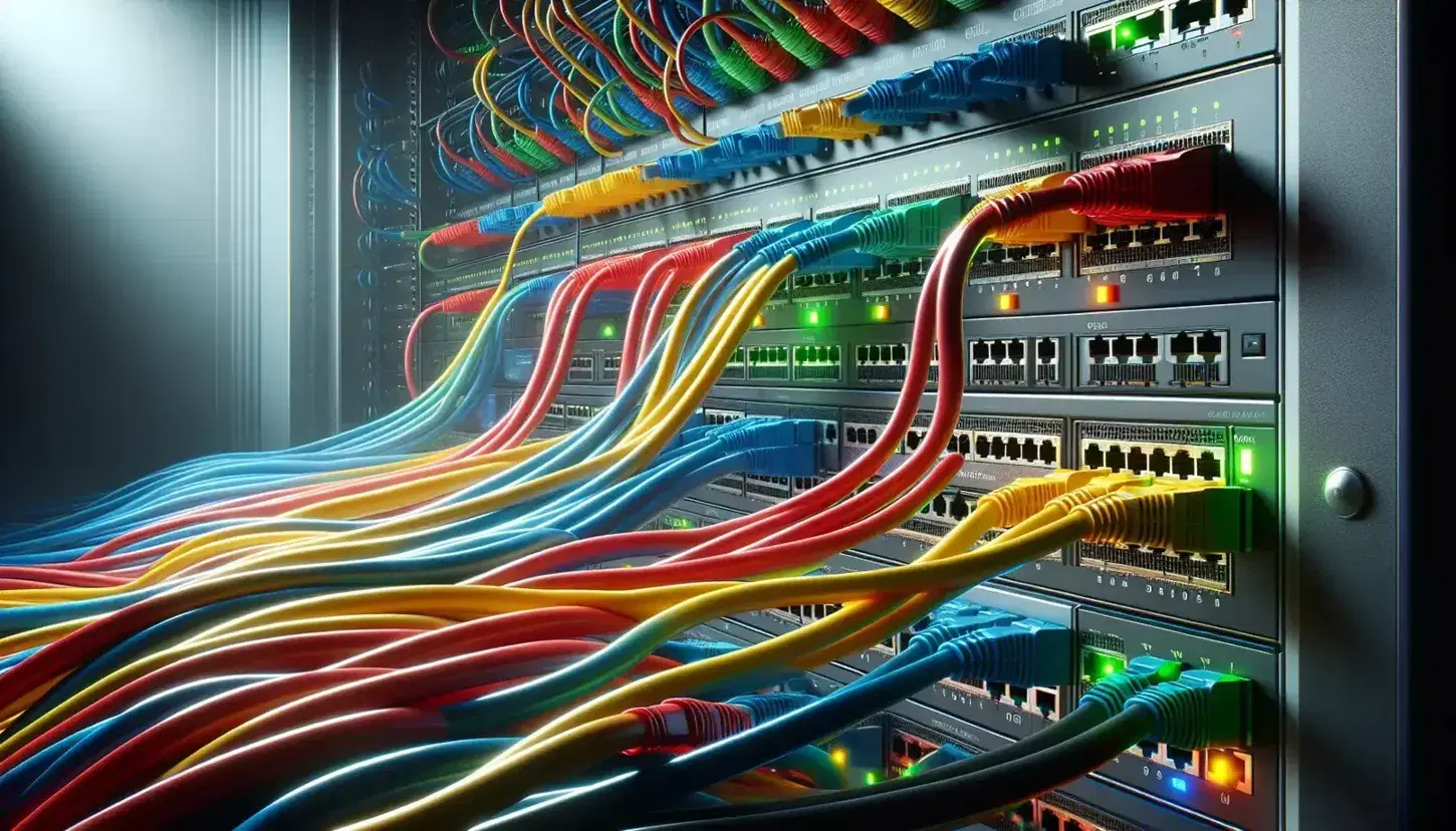 Cables de red de colores entrelazados con conectores RJ45 en un switch de montaje en rack, indicadores LED activos en equipos de red.