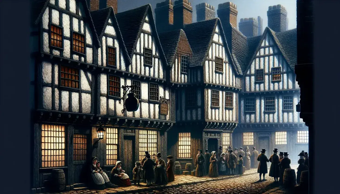 Dimly lit 18th-century London street during the Gin Craze with timber-framed buildings, a bottle signboard, and people in period attire.
