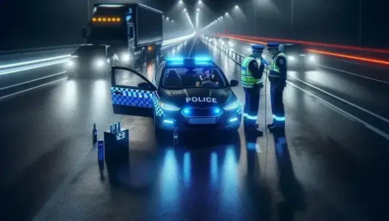 Controllo notturno della polizia stradale con auto pattuglia, agente che effettua test alcolico e collega che parla con automobilista.