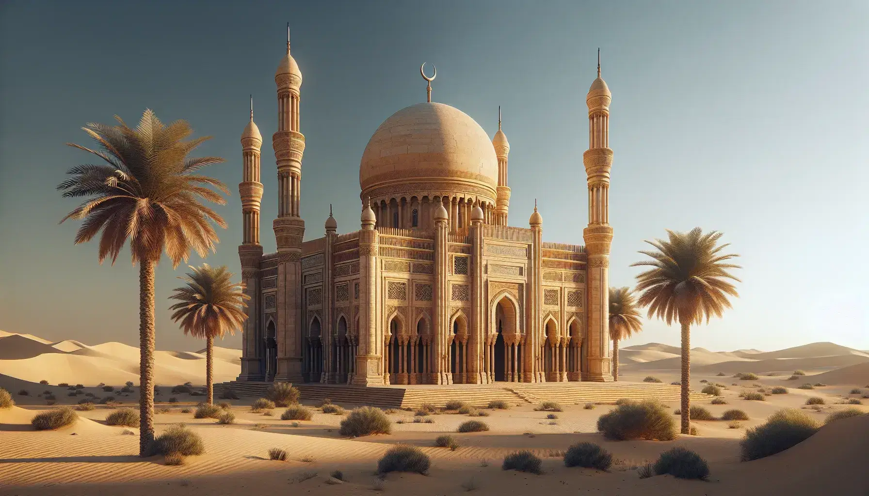 Ancient golden-hued mosque with central dome, crescent finial, and four minarets amid desert palms under a clear blue sky.