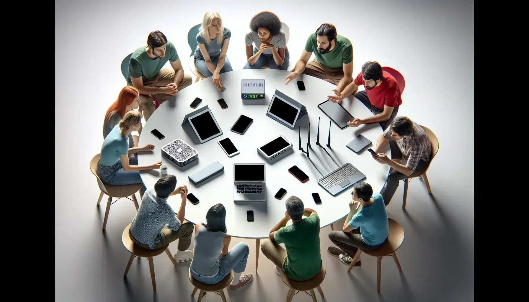 Grupo diverso de personas interactuando alrededor de una mesa con dispositivos electrónicos apagados, incluyendo tablet, smartphone y laptop.