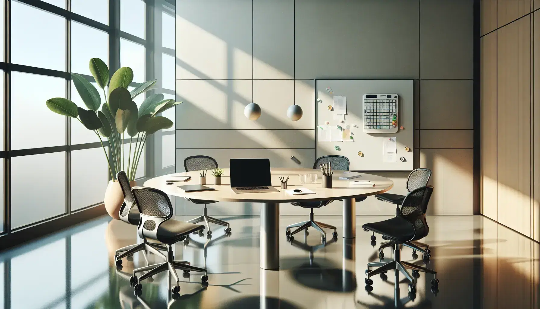 Ufficio moderno e luminoso con tavolo ovale, sedie ergonomiche, laptop, documenti, penna, calcolatrice e pianta verde.