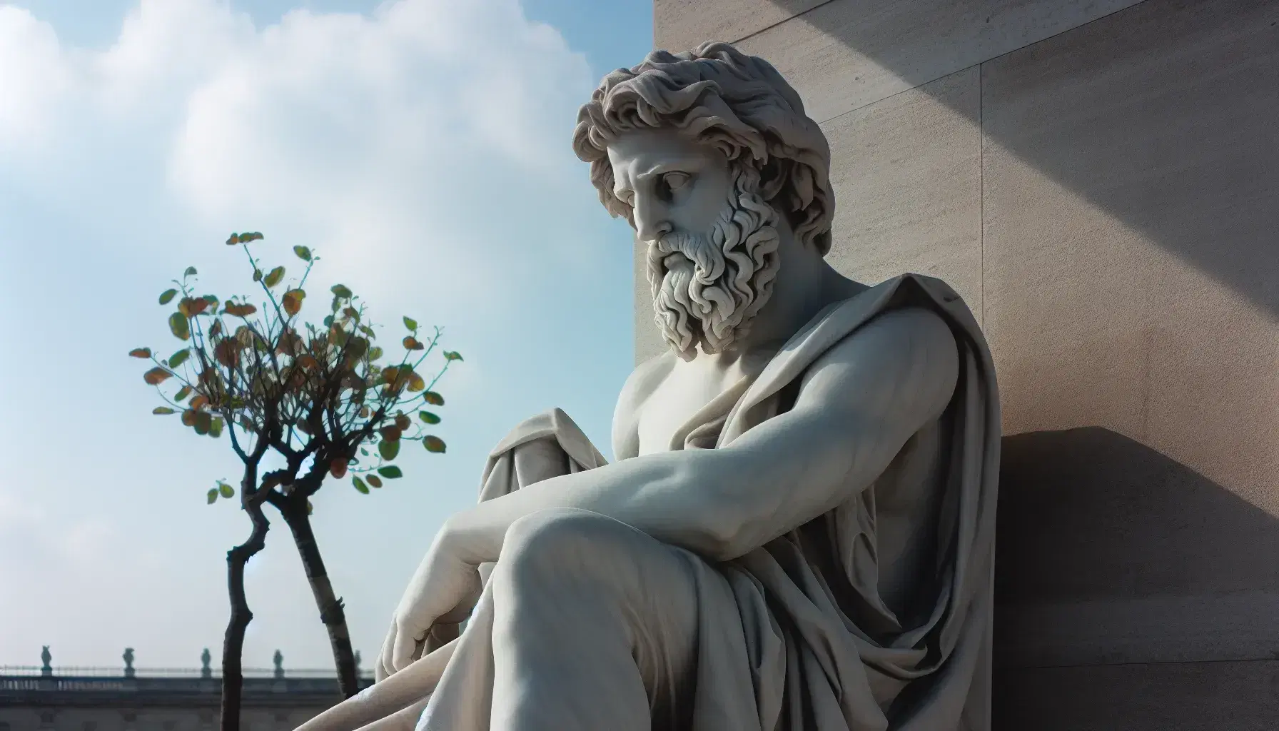 Estatua de mármol blanco de hombre barbudo sentado en silla de piedra, con mirada pensativa y cielo azul de fondo.