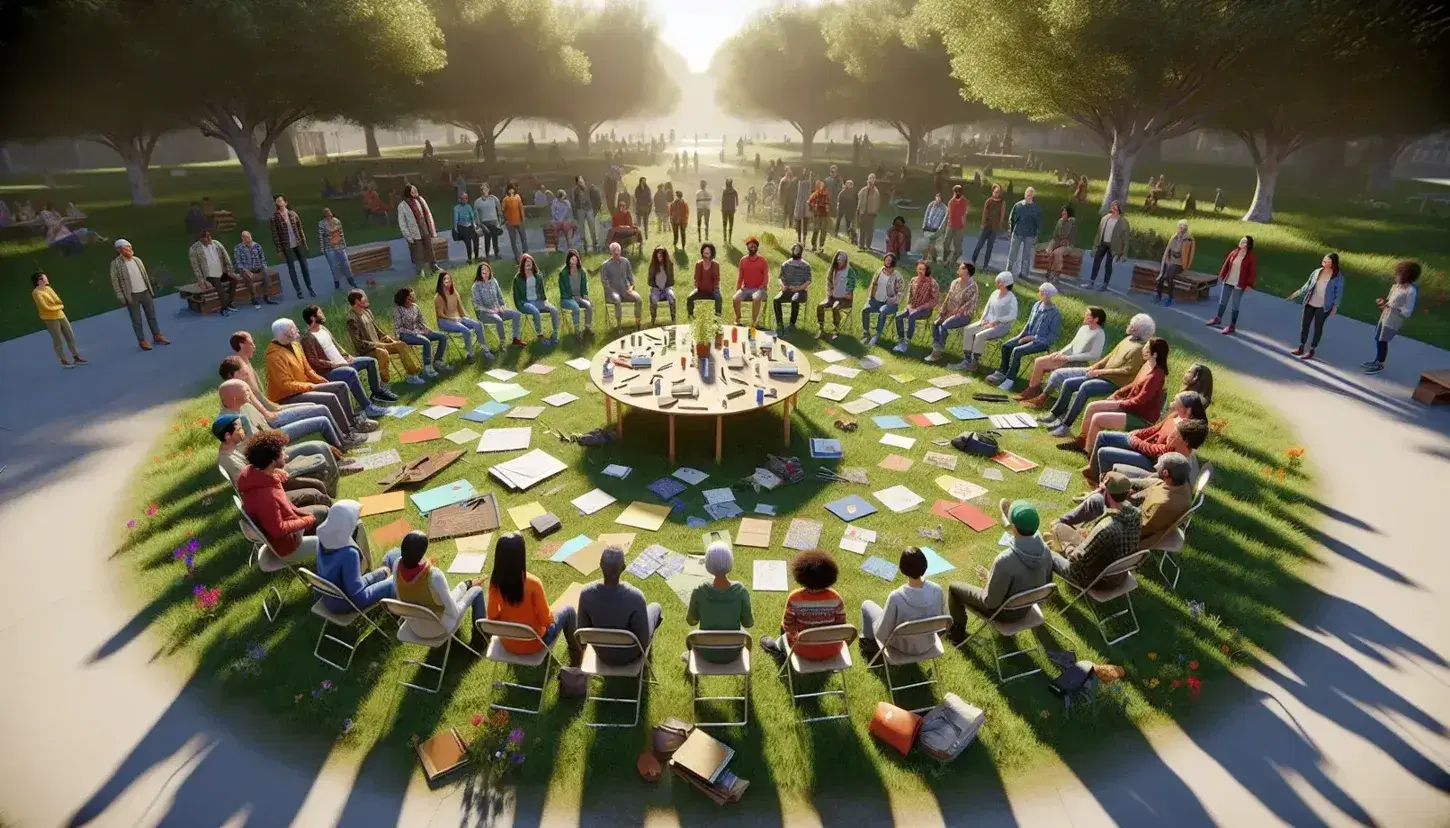 Grupo multicultural interactuando en un parque con mesa de libros y papeles, rodeados de árboles y flores en un día soleado.