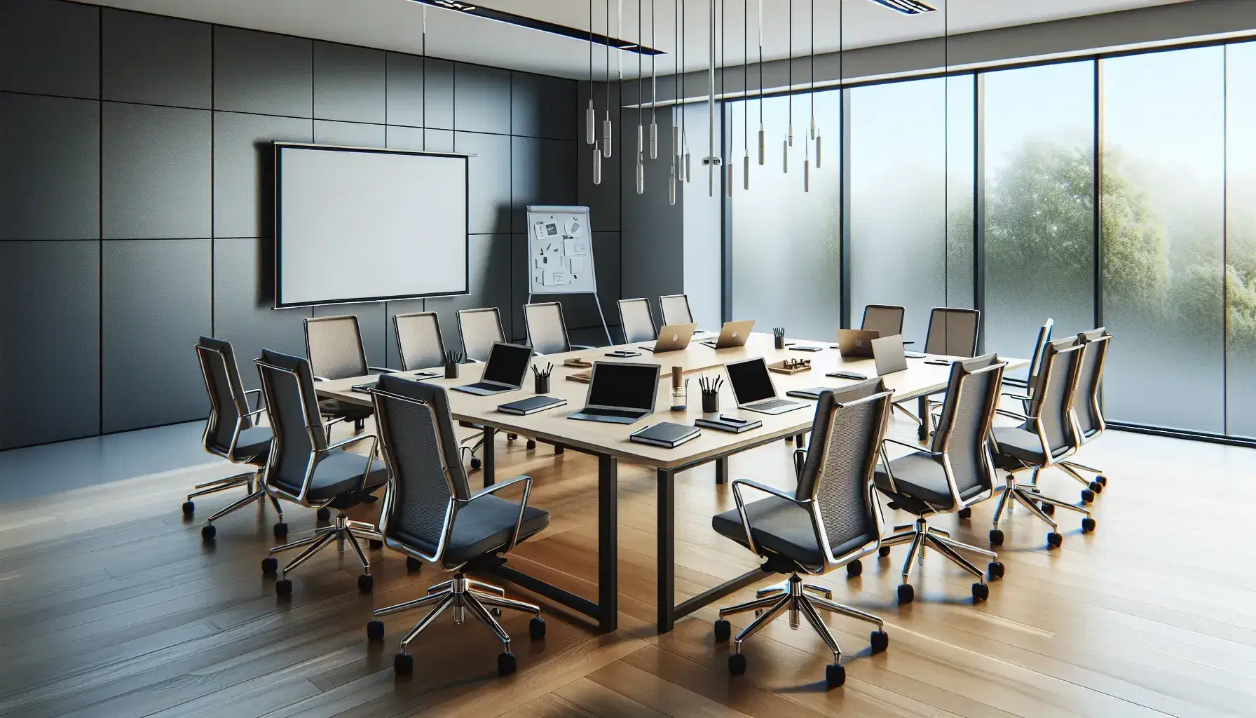 Sala de reuniones moderna con mesa de madera, sillas ergonómicas y dispositivos electrónicos apagados, junto a pizarra blanca y flipchart en un espacio iluminado naturalmente.