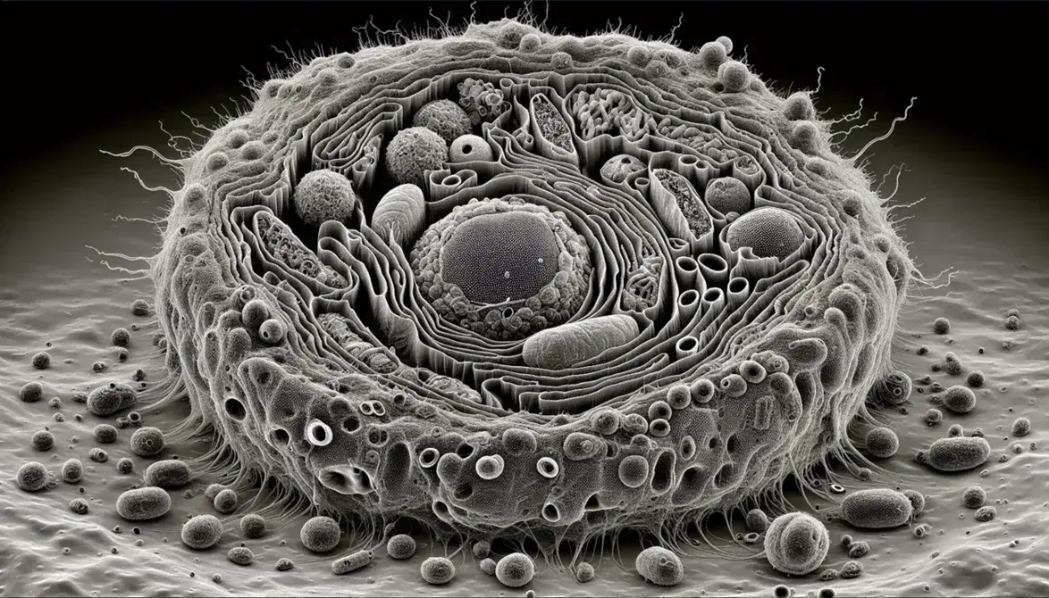 Micrografía electrónica de alta resolución de célula eucariota mostrando núcleo, cromatina, mitocondrias, retículo endoplásmico, aparato de Golgi y membrana plasmática.