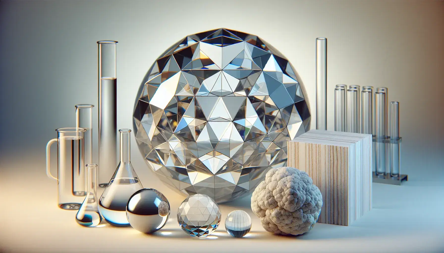 Collection of solid objects with transparent geometric crystal, smooth metal sphere, wooden cube and irregular rock on light background and blurred laboratory.