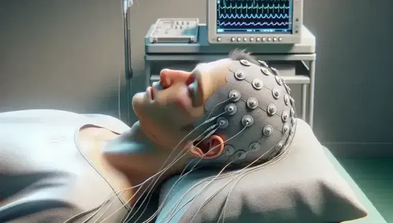Patient lying on a medical table with electrodes connected to the scalp for EEG in a calm and professional clinical environment.