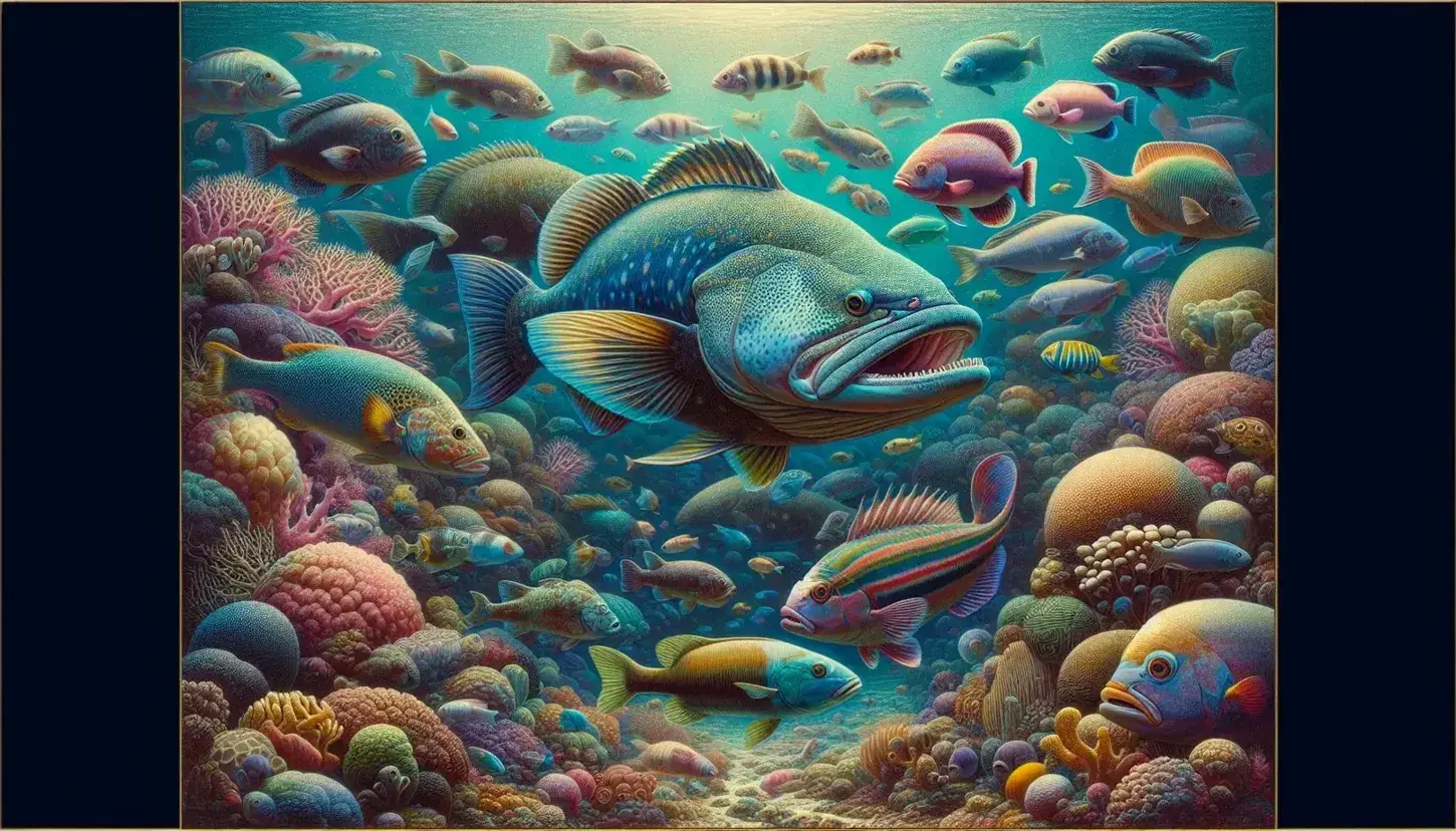Pez grande con dientes para moler y colores vivos de azul y amarillo entre peces delgados y arrecife de coral colorido con plantas marinas.