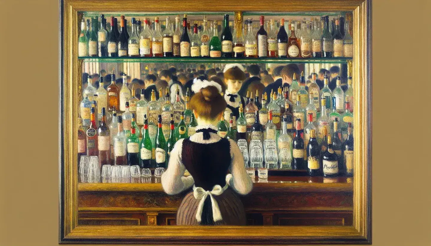 Dipinto 'Il bar delle Folies-Bergère' di Édouard Manet con barista al centro, bottiglie sullo sfondo e riflessi di una folla.