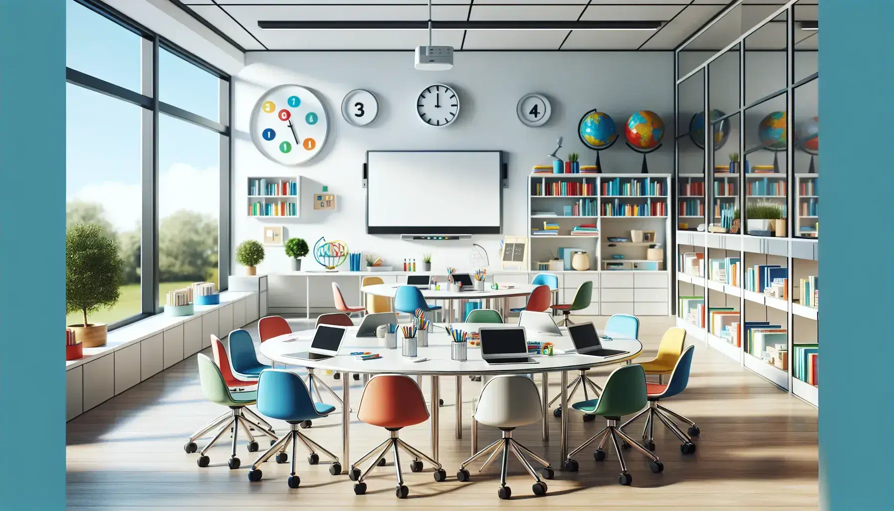 Aula moderna y luminosa con mesa redonda central rodeada de sillas ergonómicas de colores, dispositivos electrónicos, pizarra blanca, estantería con libros y objetos educativos, grandes ventanas con vista a árboles y cielo azul.