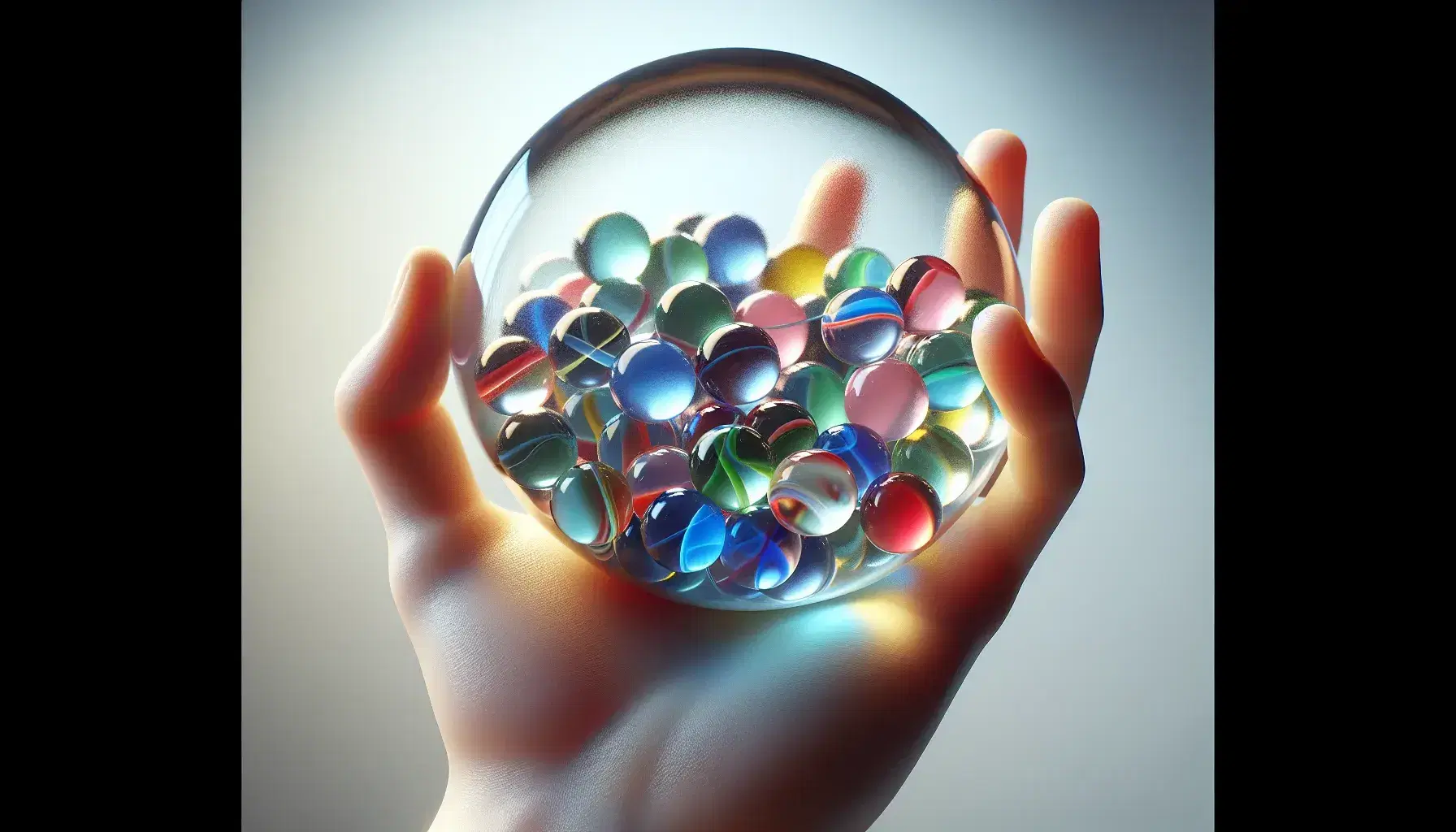 Close-up of a hand holding a transparent glass spherical container full of colored marbles in shades of red, blue, green, yellow and purple on blurred background.