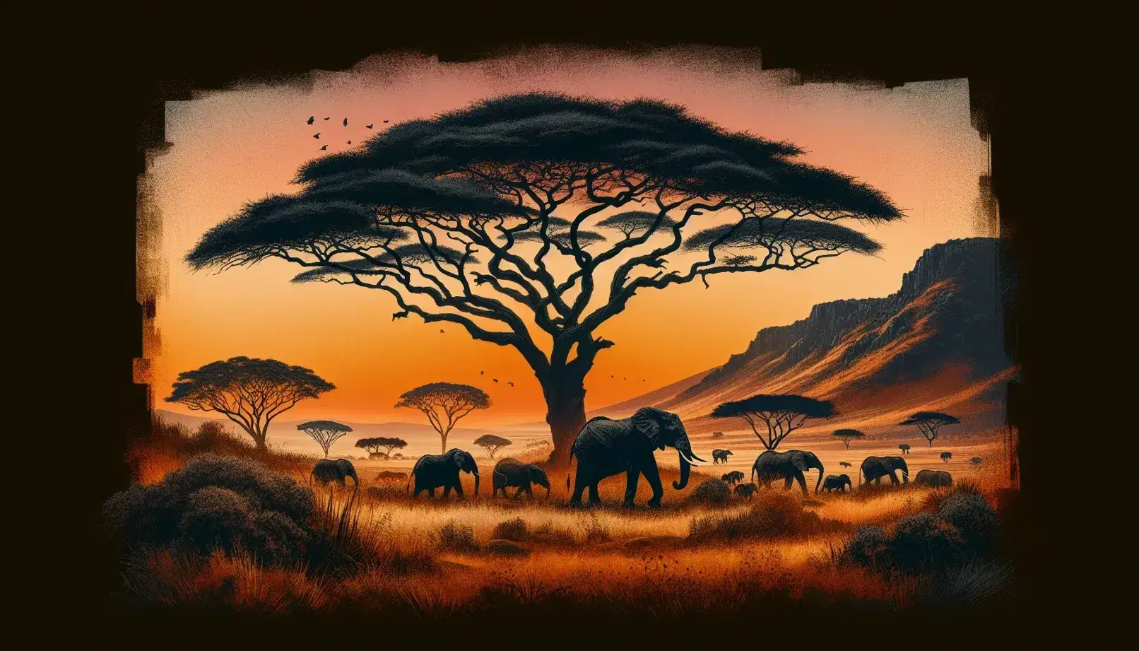 Sunset in the African savannah with acacia tree in silhouette and herd of elephants among golden grass and hills blurred on the horizon.
