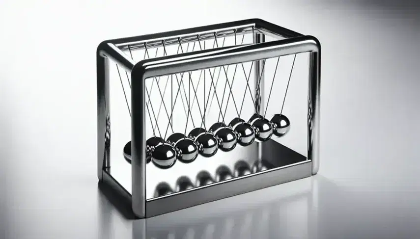 Classic Newton's Cradle with polished steel balls aligned and suspended by thin wires on black frame, a raised sphere ready to swing.