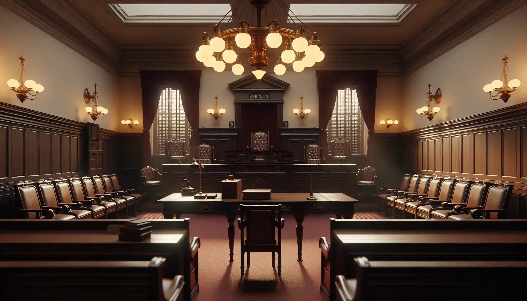 Sala de tribunal vacía con bancos de madera, estrado con mesa y sillas altas, pequeña mesa para abogados, cortinas rojas y alfombra roja.