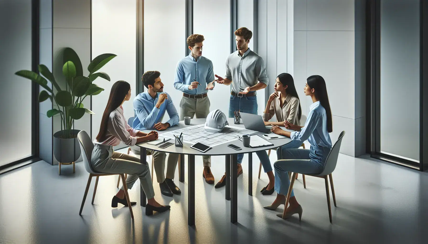Grupo diverso de cinco profesionales colaborando en una reunión de trabajo alrededor de una mesa redonda con cascos de seguridad, papeles y tecnología en una sala iluminada.