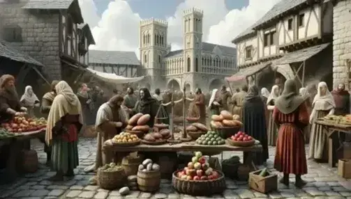 Mercado medieval con personas intercambiando productos, mesa con panes y manzanas, balanza y fondo de iglesia gótica.