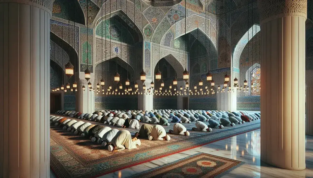 Fedeli in preghiera su tappeto decorato all'interno di una moschea con colonne ornate, lucernari e mihrab indicante la Mecca.