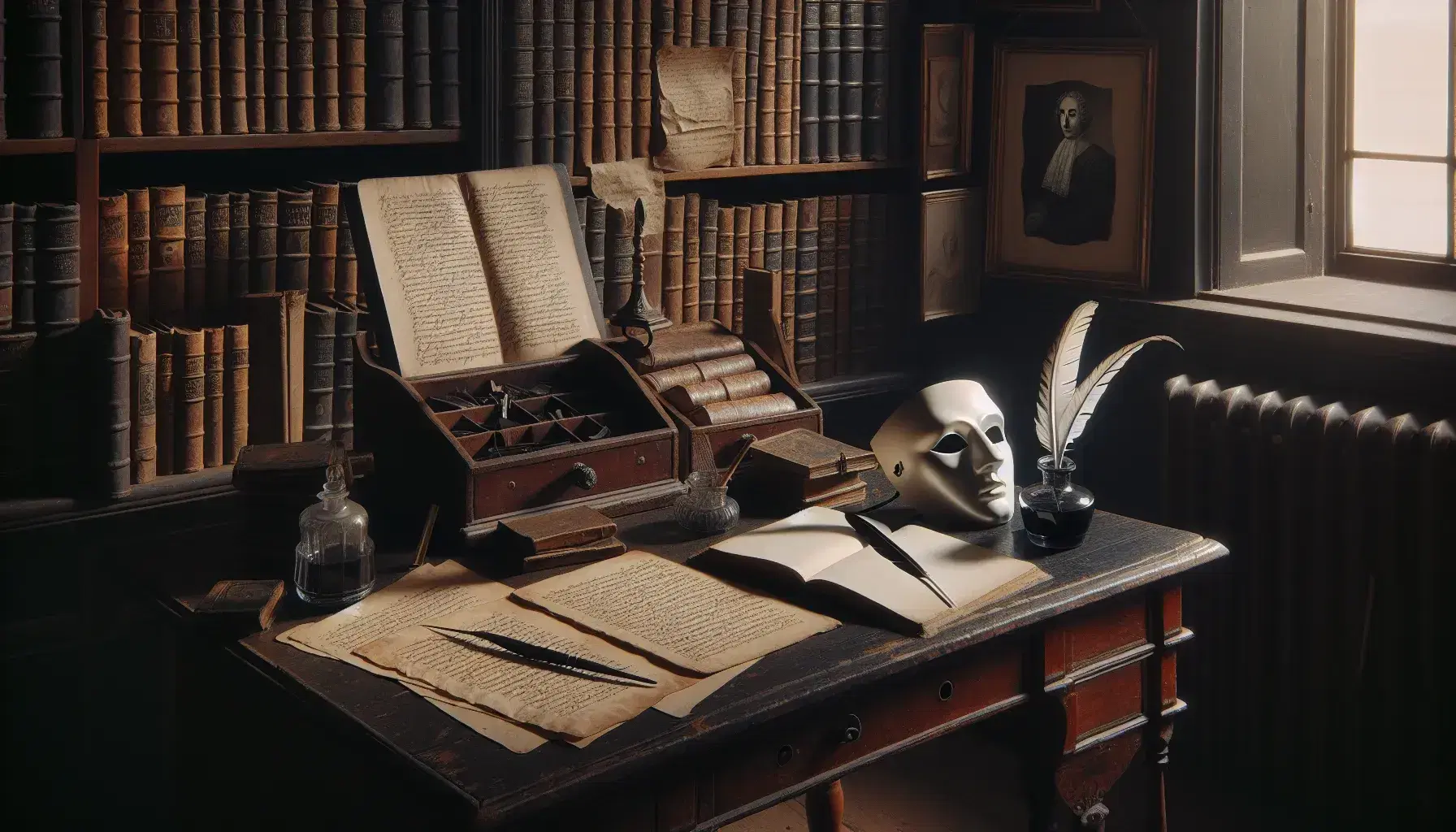 Scrivania in legno scuro con piuma, calamaio, carta ingiallita, libro aperto e maschera teatrale greca, in una biblioteca antica illuminata naturalmente.