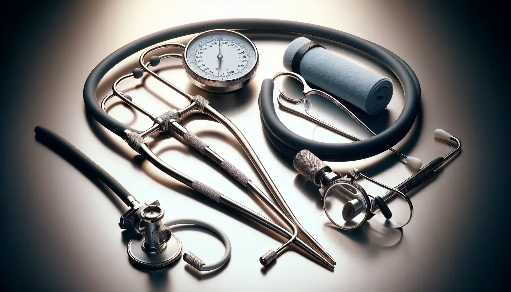 Instrumentos médicos en superficie lisa con diapasón metálico, esfigmomanómetro aneroide azul, lentes quirúrgicos y laringoscopio en segundo plano.