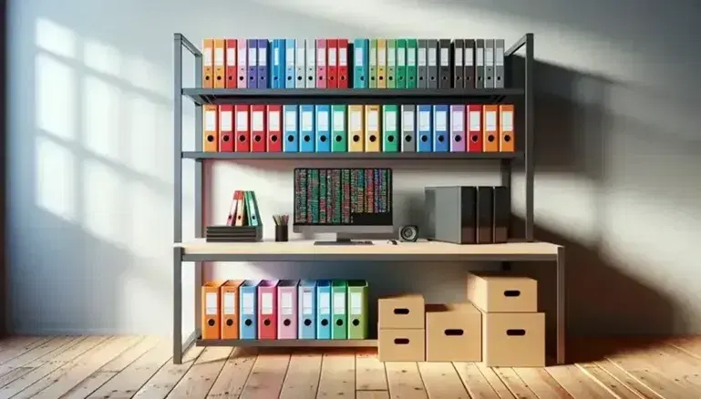 Estante metálico gris con carpetas de colores y cajas de cartón junto a un escritorio con ordenador, teclado y ratón en una oficina iluminada artificialmente.