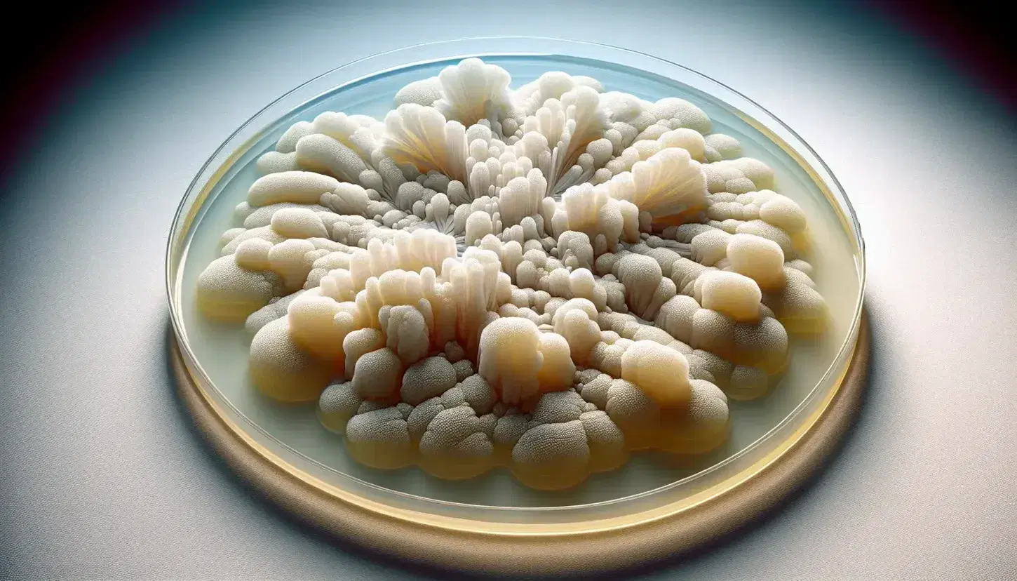 Close-up view of a textured bacterial colony with white and light pink hues on a pale yellow agar plate, reflecting light on a smooth surface.