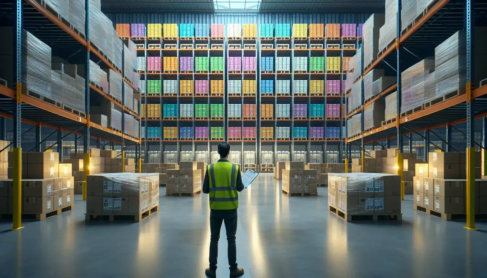 Warehouse interior with organized shelves, color-coded boxes, worker with clipboard, forklift by loading bay, and pallets of goods on the floor.