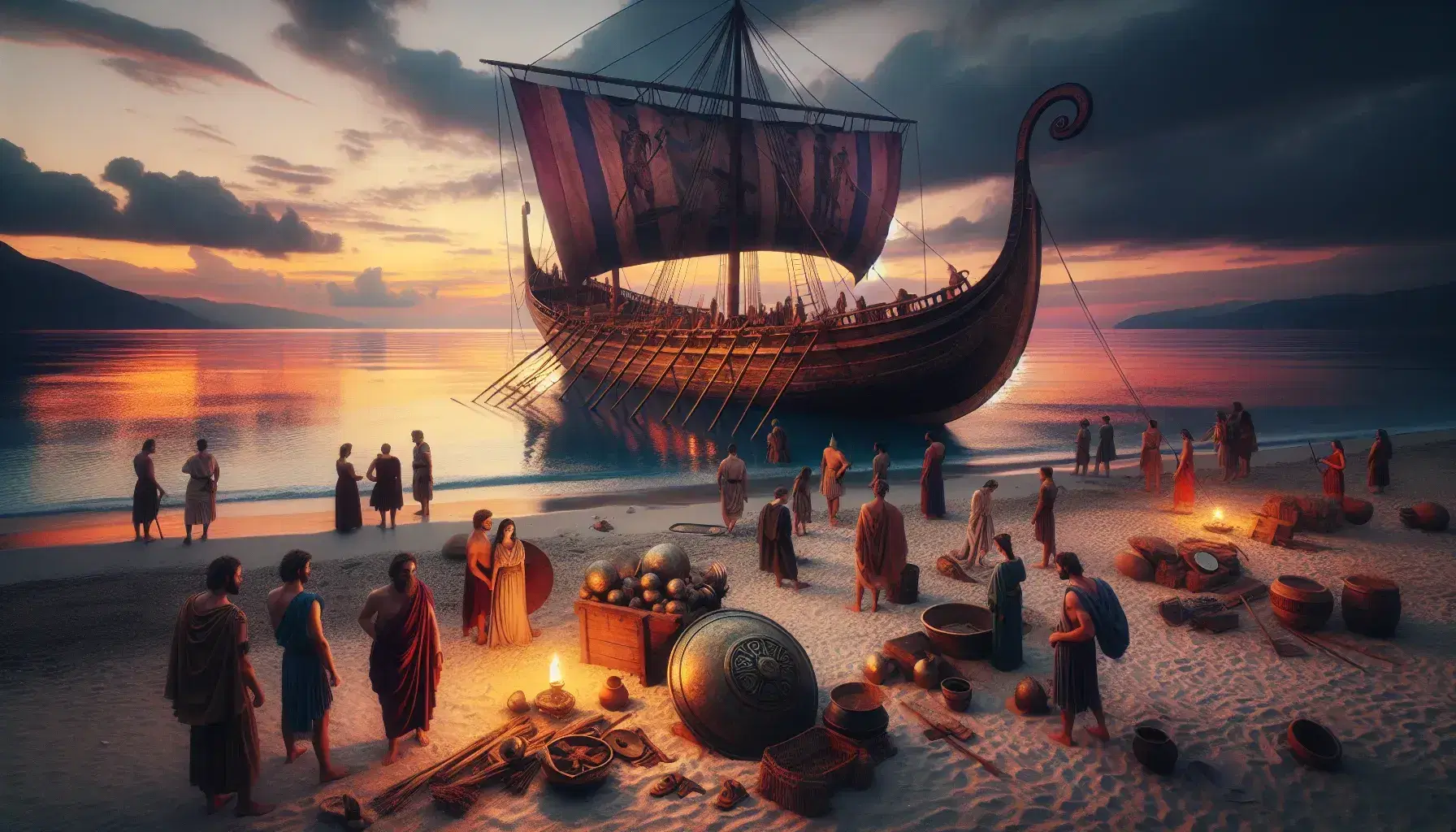 Tramonto su spiaggia con antica nave greca, personaggi in tuniche e accessori da battaglia come elmo e scudo sulla sabbia.