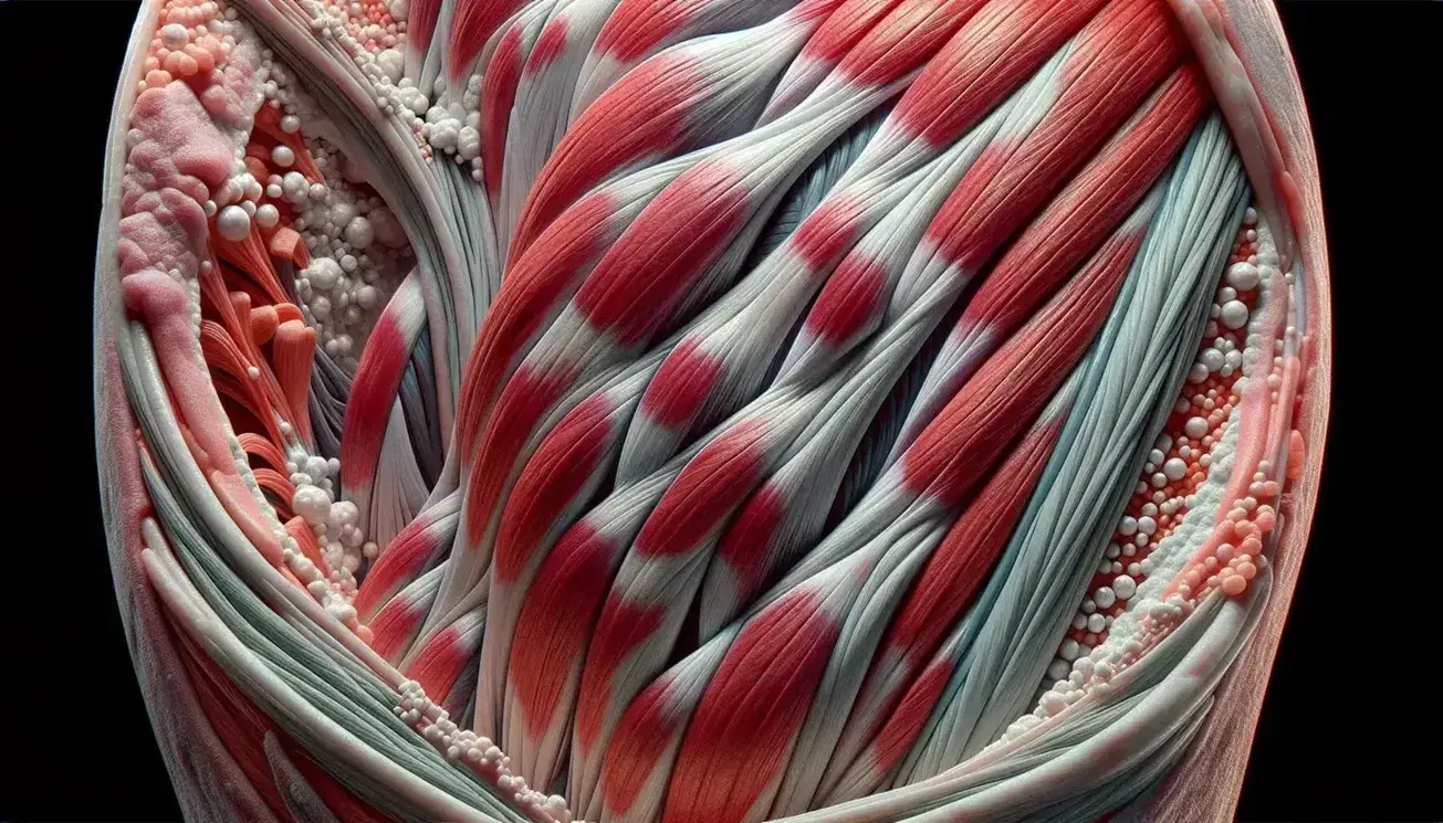 Sezione trasversale di un muscolo scheletrico umano in attività, con striature rosse e rosa, tessuti connettivi e tendine bianco perlato.