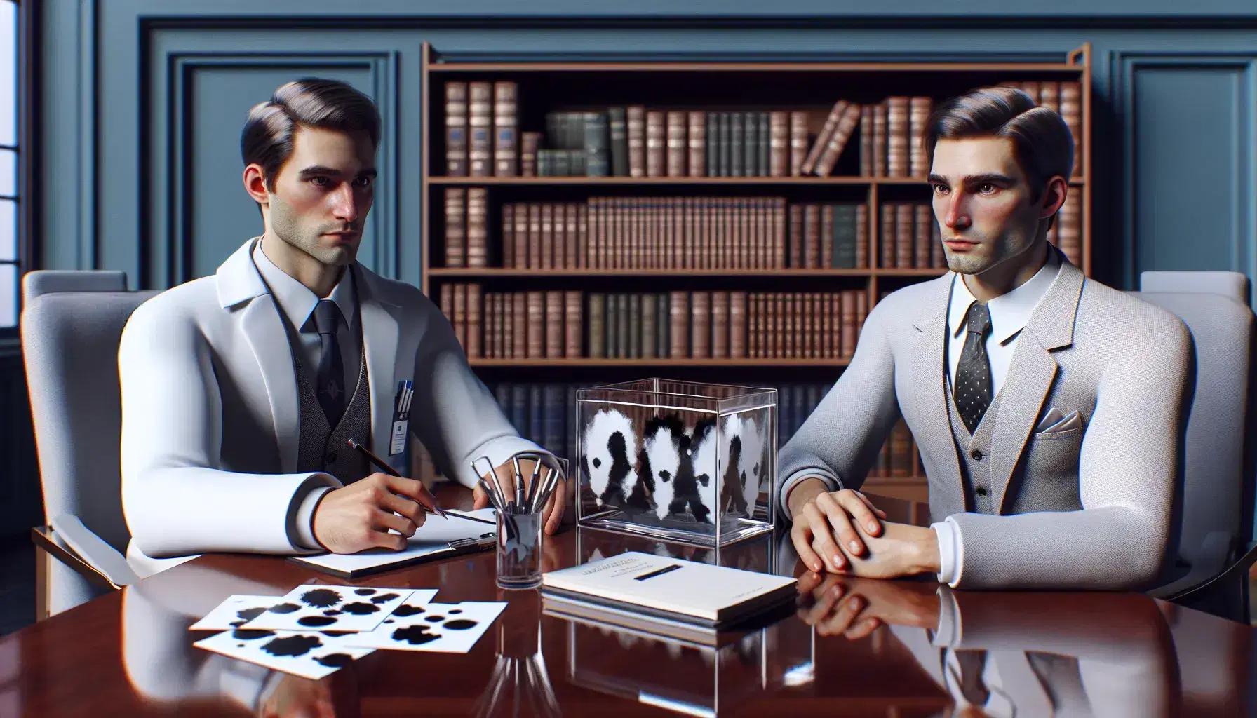 Two professionals sitting at a modern table with psychological assessment tools, one in a white coat takes notes, peaceful environment.