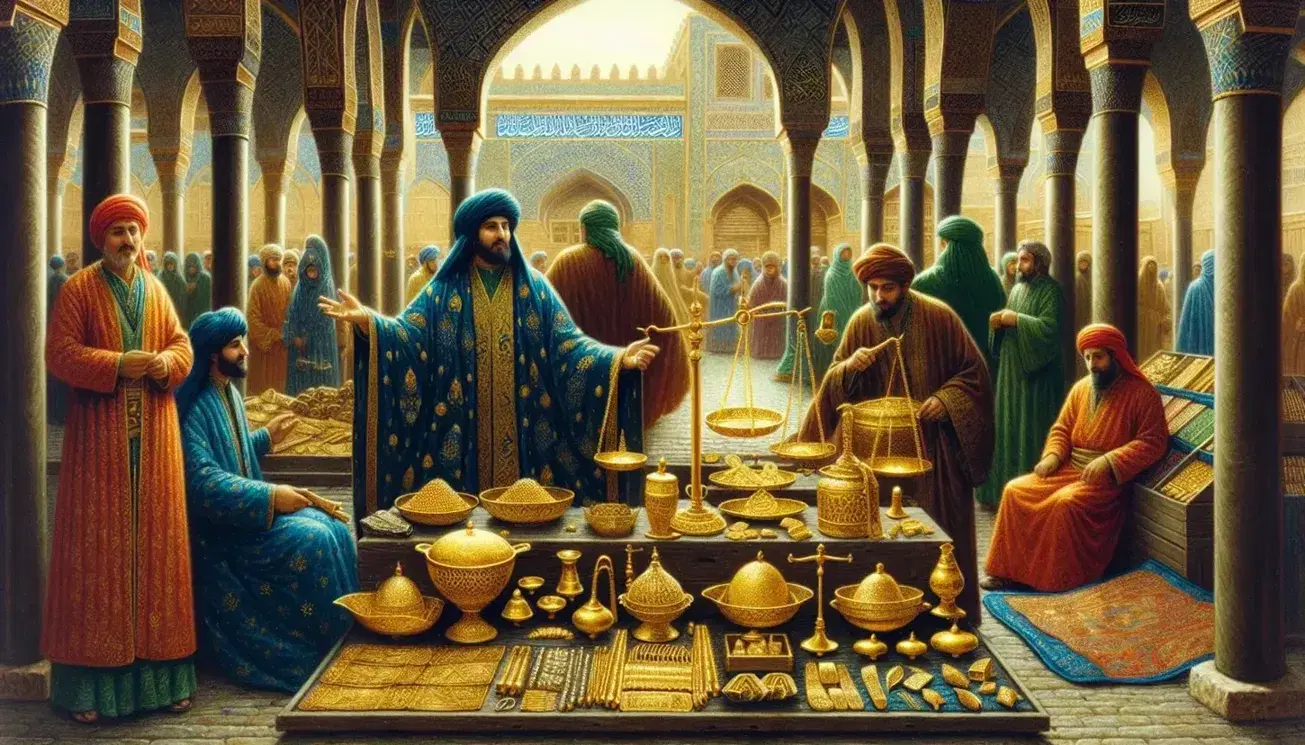 Bustling ancient Islamic Golden Age marketplace with a merchant selling golden artifacts, surrounded by vibrant trade activities and Abbasid architecture.