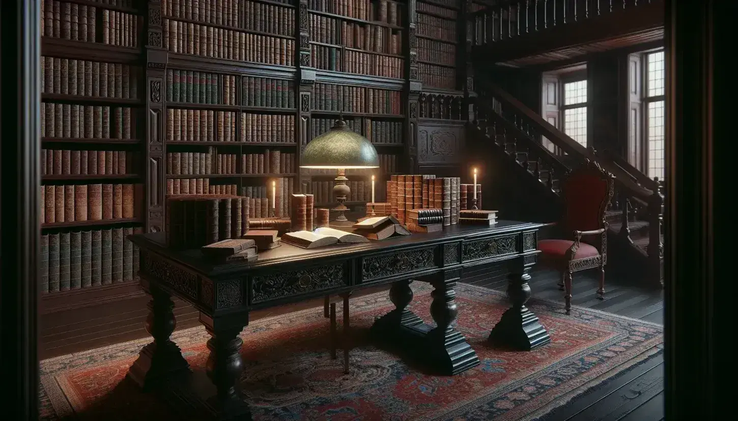 Biblioteca clásica con estanterías de madera oscura llenas de libros encuadernados en cuero, mesa central con libros abiertos, lámpara de bronce y silla con cojín rojo, alfombra persa y escalera al fondo.