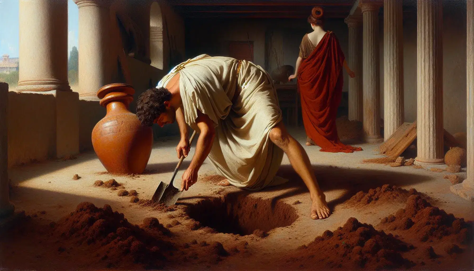 Uomo in toga scava e scopre un'anfora terracotta in casa romana antica, donna in abito rosso osserva curiosa.