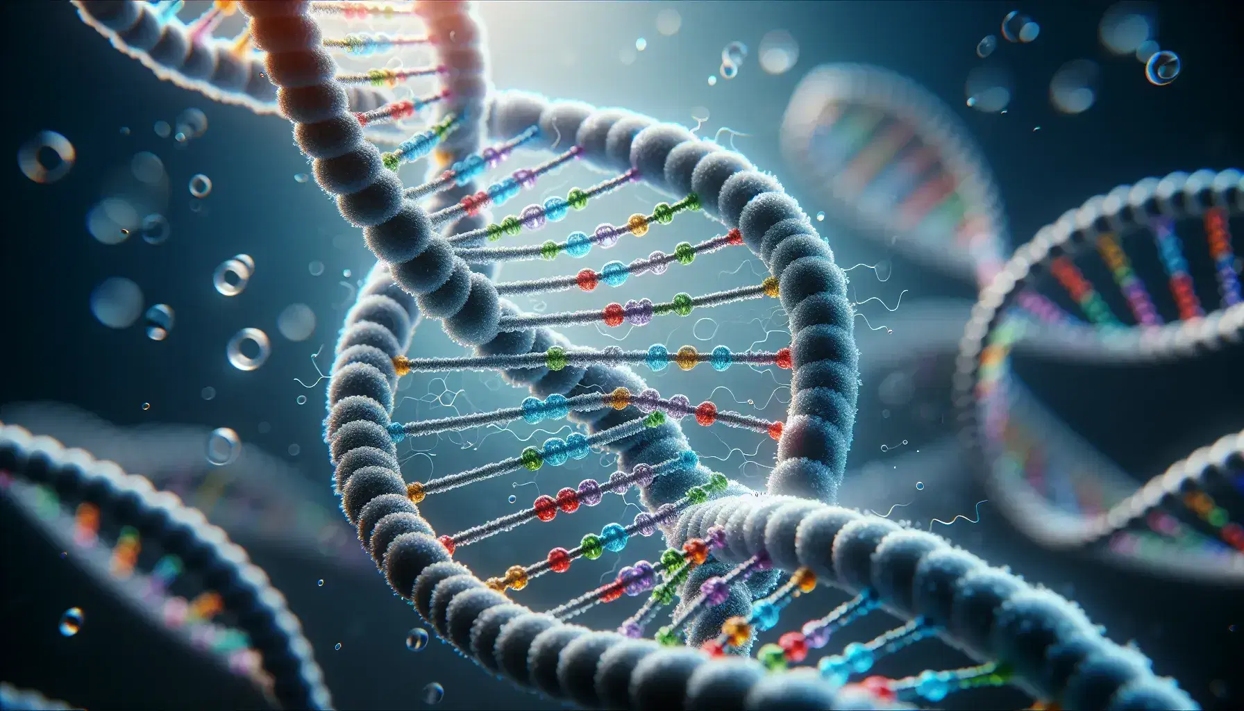 Estructura tridimensional de una doble hélice de ADN con bases apareadas coloridas y espirales en tonos azul plateado sobre fondo desenfocado azul grisáceo.