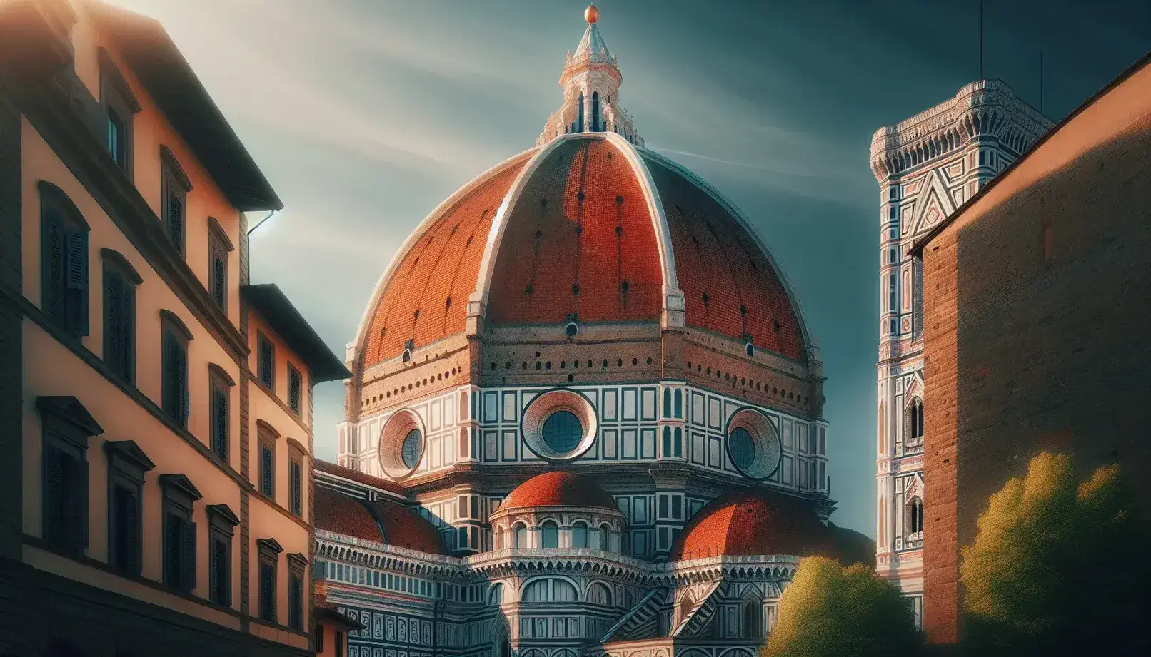 Cupola del Duomo di Firenze con costoloni in marmo bianco e lanterna parzialmente visibile su cielo azzurro, fiancheggiata da edificio con finestre ad arco.