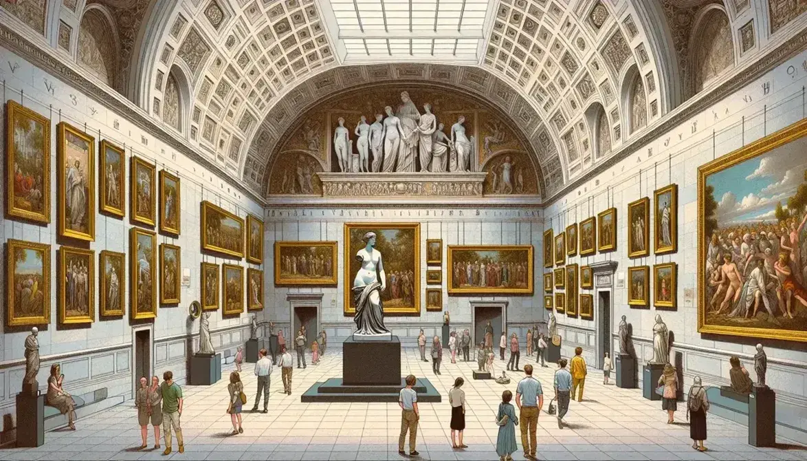 Interno del Museo del Louvre con la scultura della Venere di Milo al centro, visitatori, pareti marmoree e dipinti incorniciati d'oro.