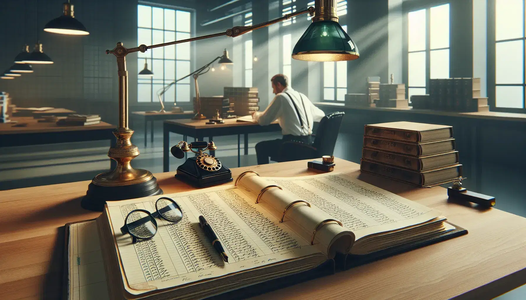 Modern office setting with a wooden desk featuring an open ledger book, vintage brass lamp, eyeglasses, and fountain pen, with a person working in the background.