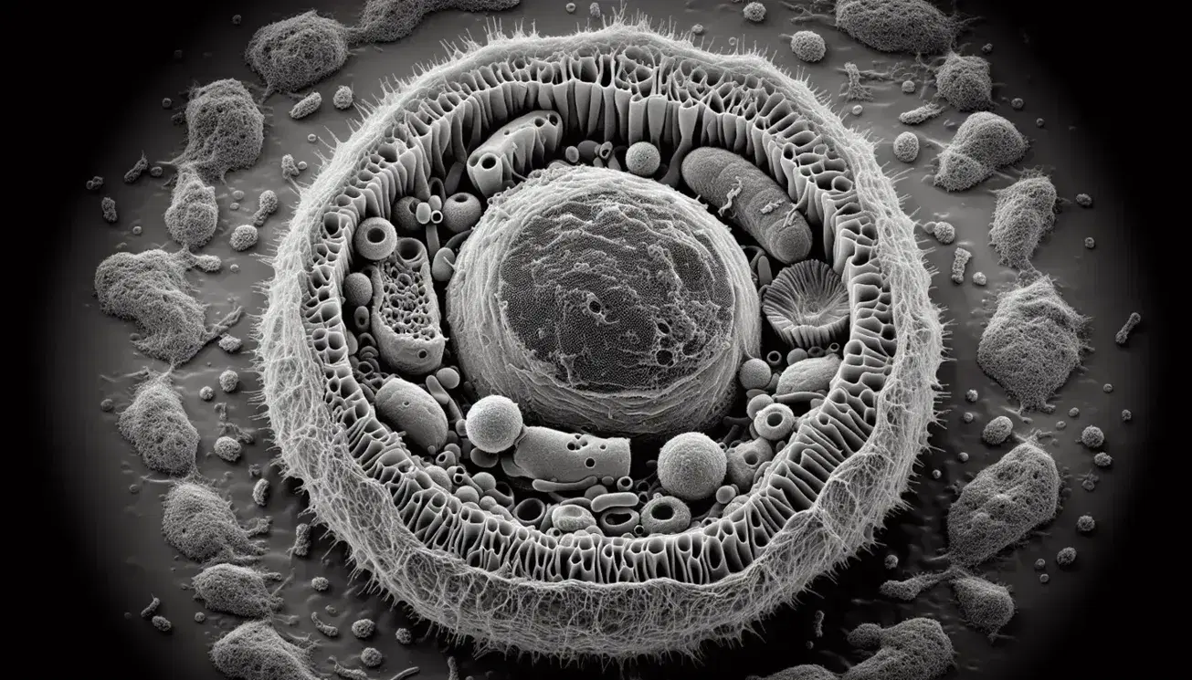 Micrografía electrónica de alta resolución de célula eucariota con núcleo, mitocondrias, retículo endoplásmico y matriz extracelular.