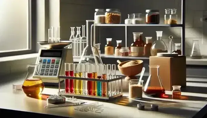 Laboratorio de química de alimentos con tubos de ensayo de colores, balanza digital, frascos con sólidos y material de vidrio.